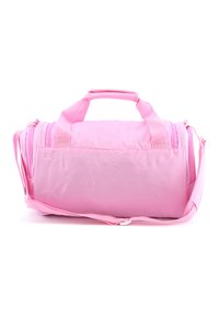 Pink duffle bag made of durable fabric, featuring double handles and an adjustable shoulder strap. Smooth texture with zipper closure.