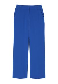 Blue wide-leg trousers with a smooth texture, featuring two front pockets, a flat waistband, and a clean, tailored design.