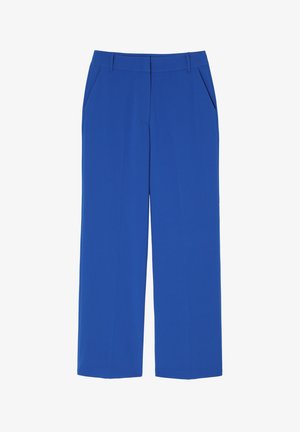 Blå vidde bukser med en glat tekstur, der har to forlommer, en flad talje og et rent, skræddersyet design.