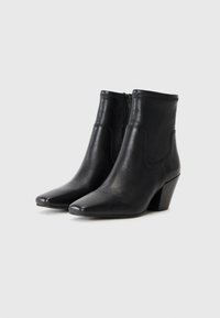 Black leather ankle boots featuring a pointed toe and a low block heel. The design includes a zip closure and smooth texture.