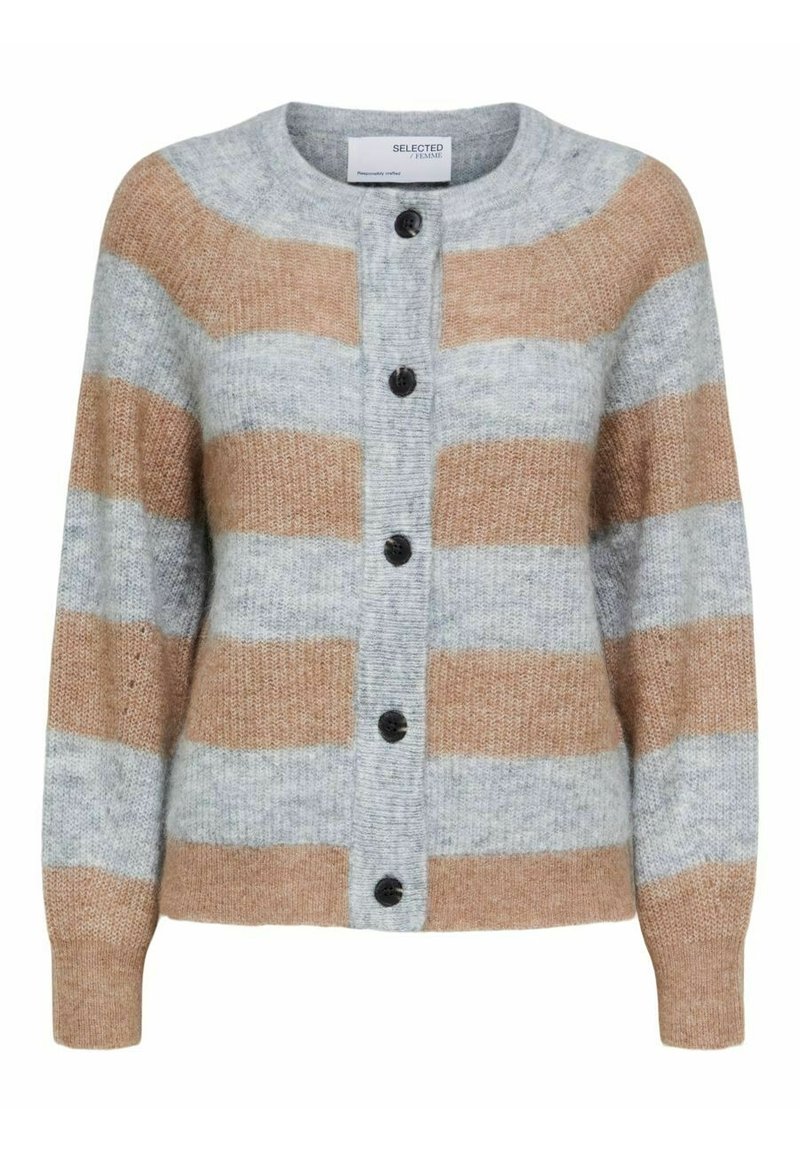 Raidallinen neuletakki harmaan ja ruskean sävyissä, pehmeästä neulosta, pyöreällä pääntiellä ja viidellä mustalla napilla edessä.