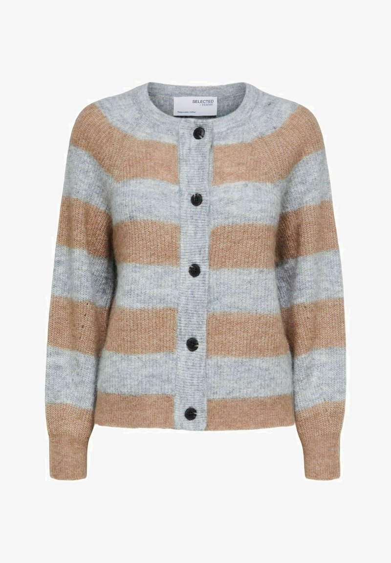 Raidallinen neuletakki harmaan ja ruskean sävyissä, pehmeästä neulosta, pyöreällä pääntiellä ja viidellä mustalla napilla edessä.