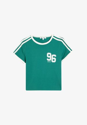 Green cotton t-shirt with white accents, crew neck, short sleeves, and a front graphic of "96" and three stars. Features side stripes.