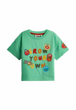 Zielona dziecięca koszulka z krótkim rękawem z kolorowymi literami "Grow Your Own" oraz różnymi naszywkami o tematyce warzyw i ogrodu.