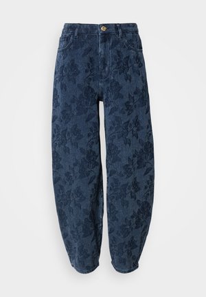 Dunkelblaue Jeanshose mit floralem Muster. Lockerer Schnitt, hohe Taille, fünf Taschen und ein einzelner Knopfverschluss vorne.