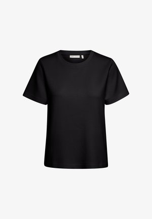 Črna majica s kratkimi rokavi, izdelana iz gladkega bombažnega blaga. Ima okrogel izrez in sproščen kroj brez vidnih vzorcev ali okrasitev.