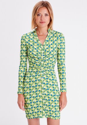 Long-sleeve dress in green and blue geometric pattern, featuring button front, fitted waist, and textured fabric.