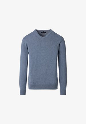 Lichtblauwe V-hals trui van zacht, gebreid materiaal. Voorzien van ribgebreide manchetten en een zoom, met minimale branding aan de voorkant.