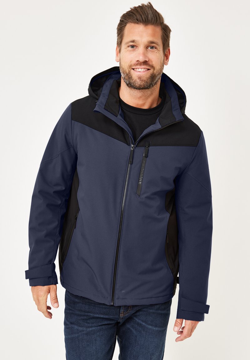 Marineblaue Jacke mit schwarzen Akzenten, Reißverschluss vorne, Kapuze und Seitentaschen. Verfügt über eine strukturierte Oberfläche und verstellbare Bündchen.