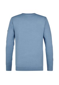 Lichtblauwe trui met lange mouwen, een ronde halslijn, geribbelde manchetten en een zakdetail op de linker mouw. Gladde textuur, casual pasvorm.