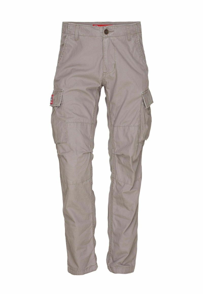 Hellbeige Cargo-Hosen aus einem Baumwollmischgewebe. Sie verfügen über mehrere Seitentaschen, ein gerades Bein-Design und einen Knopfverschluss.