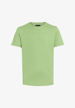 Žalias medvilninis marškinėliai, trumpomis rankovėmis, apvaliu kaklu, lygia tekstūra, lengva medžiaga ir be matomų raštų ar akcentų.