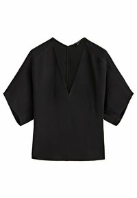 Schwarzes V-Ausschnitt-Oberteil mit kurzen Kimonoärmeln, aus glattem Stoff gefertigt. Verfügt über Seitennähte und ein schlichtes, minimalistisches Design.