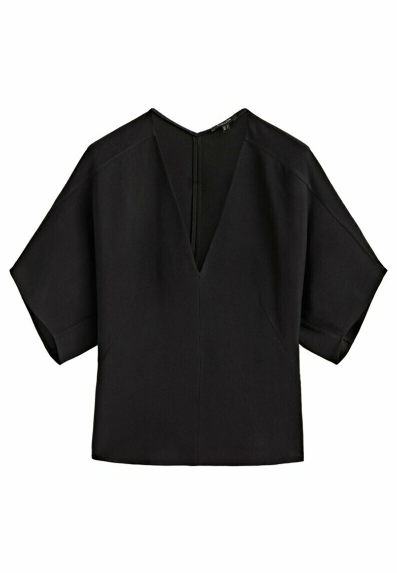 Schwarzes V-Ausschnitt-Oberteil mit kurzen Kimonoärmeln, aus glattem Stoff gefertigt. Verfügt über Seitennähte und ein schlichtes, minimalistisches Design.