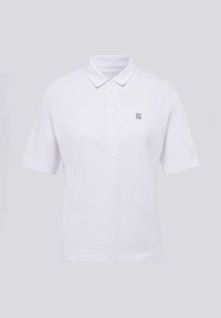 Weißes Poloshirt aus Baumwolle mit Kragen, kurzen Ärmeln, Knopfleiste und einem kleinen Strasslogo auf der linken Brust.
