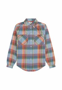 Skjorta med lång ärm i rutigt mönster med blå, röd och grön färg. Två bröstfickor, knappad krage och rundad nederkant. Tillverkad av bomull.