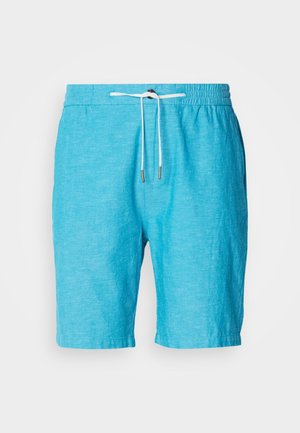 Lichtblauwe gemarmerde shorts met een elastische tailleband, verstelbare trekkoorden en metalen uiteinden. Ontworpen voor comfort en casual gebruik.