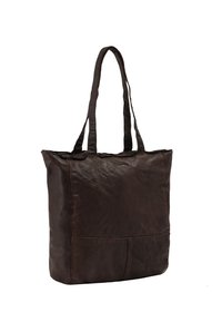 Brown leather tote bag with smooth texture, dual sturdy handles, and a simple, structured design. Features a front pocket and seamless edges.