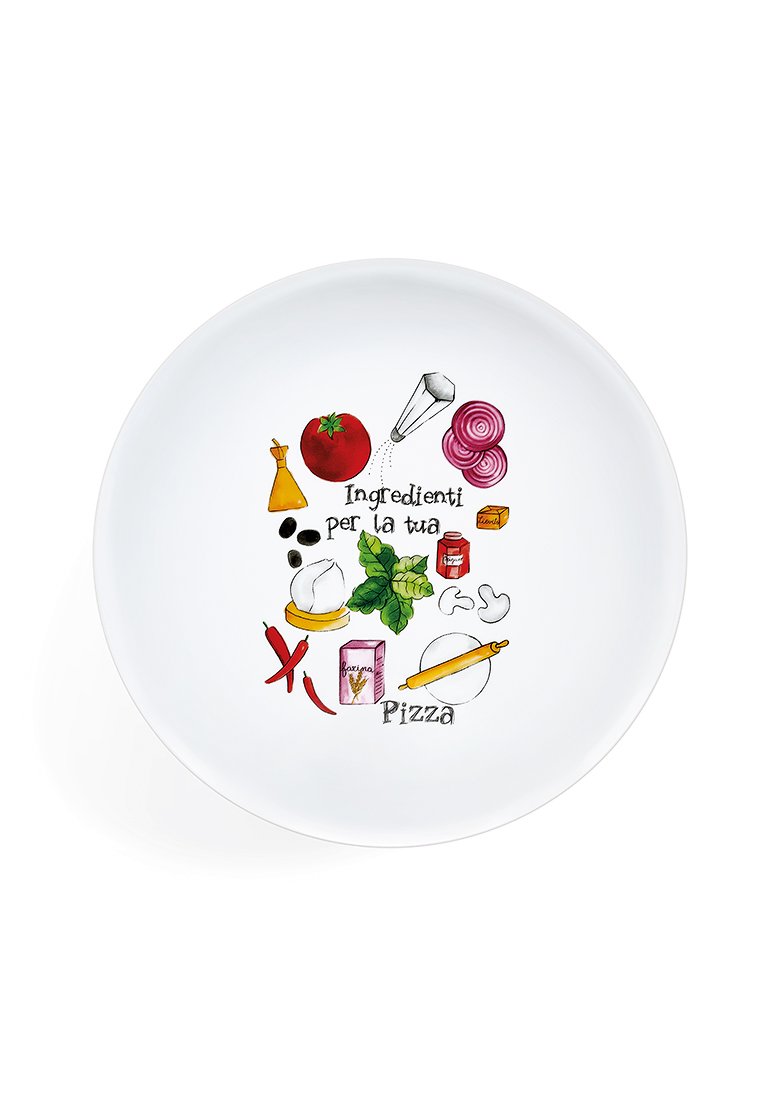 Weißer Keramik-Teller mit bunten Illustrationen von Pizzazutaten, darunter Tomaten, Kräuter und Küchenwerkzeuge, mit Textbeschriftungen.