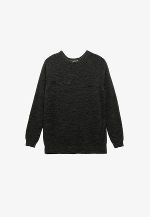 Dunkelgrauer Sweatshirt mit Rundhalsausschnitt aus strukturiertem Strickstoff. Verfügt über lange Ärmel und gerippte Bündchen. Schlichte, klassische Silhouette.