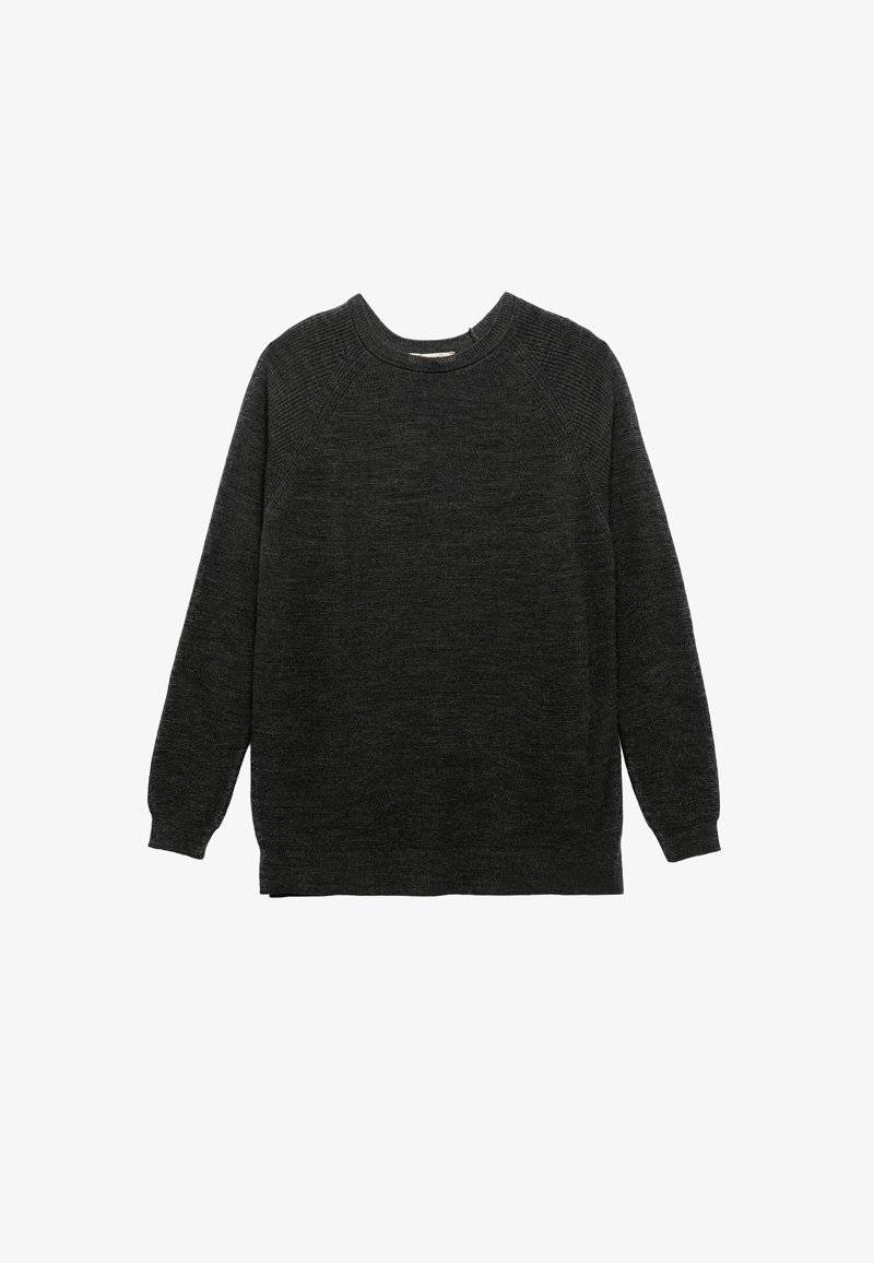Ciemnoszary sweter z okrągłym dekoltem wykonany z fakturowanej dzianiny. Posiada długie rękawy oraz ściągacze. Prosta, klasyczna sylwetka.