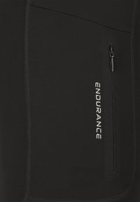 Gros plan sur un tissu noir avec une poche verticale zippée et le texte blanc « ENDURANCE » le long de la couture de la fermeture éclair.