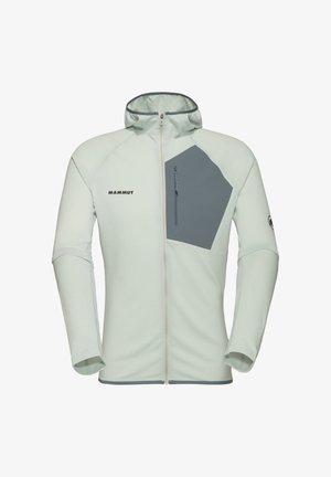 Jasnoszara kurtka z kapturem na zamek błyskawiczny, z ciemnoszarym kieszonką na piersi, długimi rękawami oraz logo Mammut na lewej piersi i prawym rękawie.