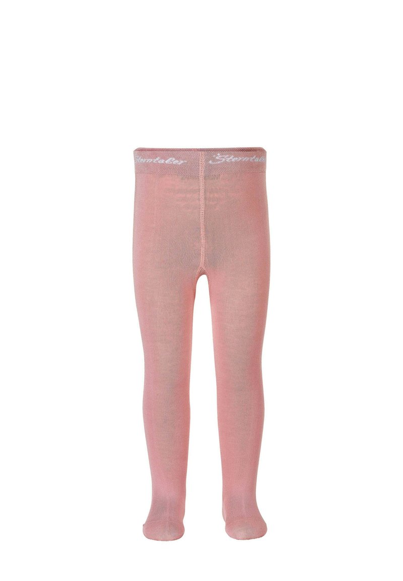 Helle rosa Strumpfhose aus einem durchsichtigen Material. Verfügt über einen soliden Bund mit weißem Branding. Einheitliche Textur über die gesamte Fläche. Geschlossene Zehenpartie.