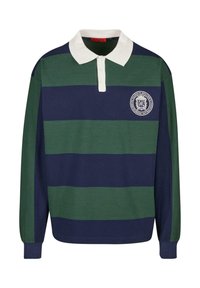 Long-sleeve polo shirt featuring horizontal dark green and navy stripes, a white collar, and an emblem on the left chest. Made from textured fabric.
