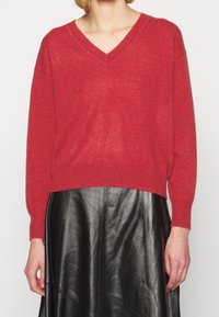 Person med en röd V-ringad tröja och en svart läderkjol, sedd från axlarna till mitten av låren, stående mot en neutral bakgrund.