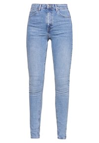 Light blue high-waist skinny jeans with front button and zipper, front and back pockets, and subtle fade detailing.