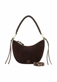 Sac à épaule en cuir tressé marron, de forme courbée, avec une poignée tressée, des finitions en métal doré et une bandoulière amovible. Motif texturé sur toute la surface.