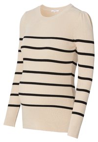 Beżowy sweter ribbed z czarnymi poziomymi paskami. Posiada długie rękawy i okrągły dekolt, a także dopasowany krój.