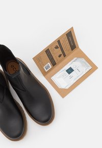 Chaussures en cuir noir avec un bout rond et des panneaux latéraux élastiques, accompagnées d'un guide d'entretien en carton brun et d'un sachet de tonique à l'huile.