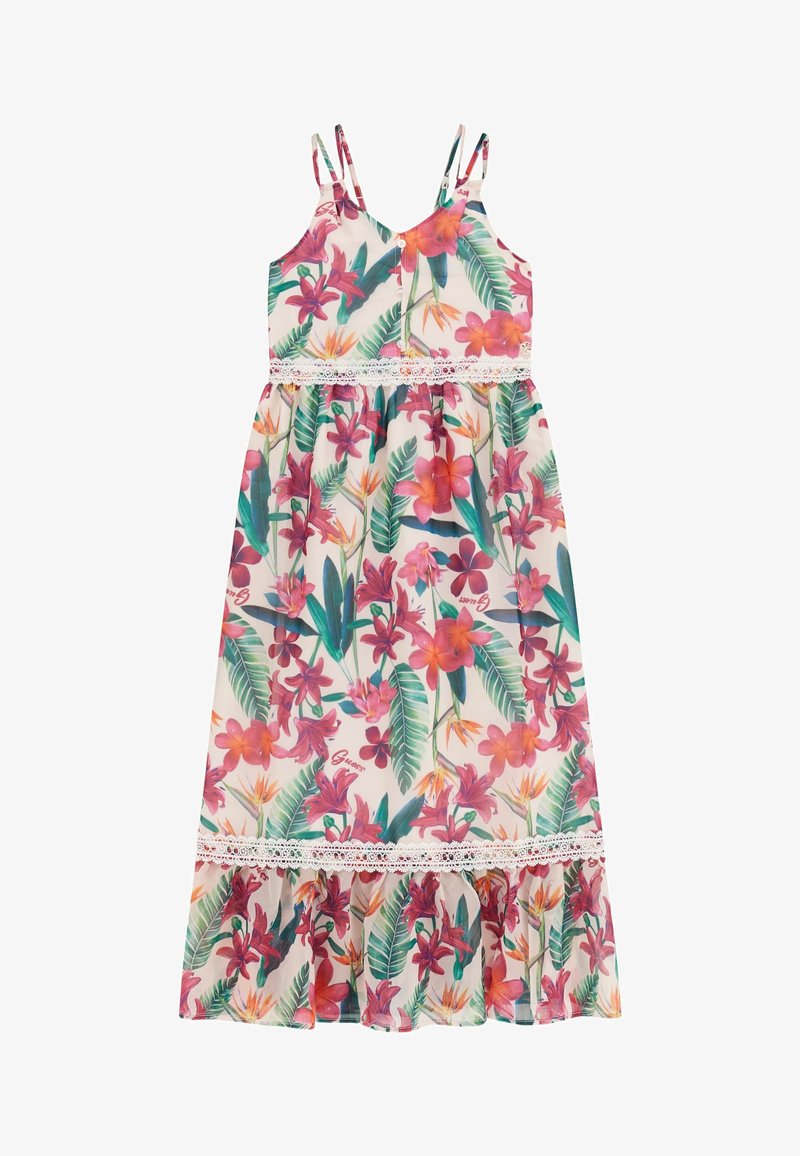 Cvjetna maksi haljina s tankim trakama, s bijelim čipkastim detaljem u struku. Tkanina prikazuje živopisne ružičaste cvjetove i zelene listove na svijetloj podlozi.