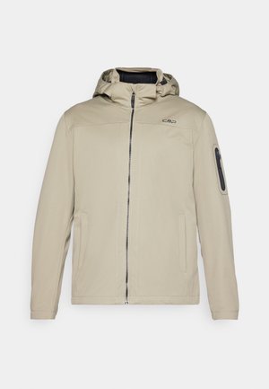 Giacca beige con chiusura a zip frontale, cappuccio integrato e tasche laterali. Caratterizzata da una tasca con zip sul braccio e un dettaglio logo discreto sul petto.