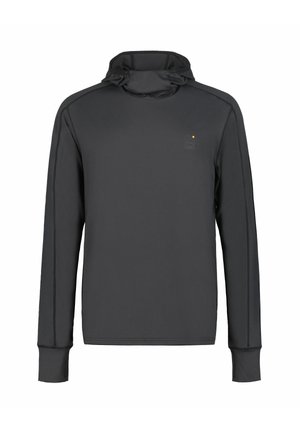 Donkergrijze pullover met lange mouwen en een hoge hals, voorzien van een klein logo op de linkerbovenkant en een aansluitende manchetdesign.