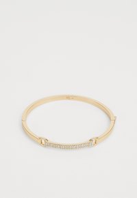 Bracciale rigido dorato con barra rettangolare decorata con piccoli cristalli trasparenti.