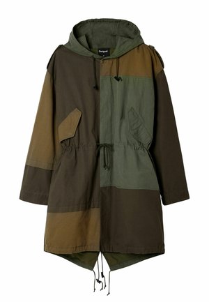 Hooded parka jacket in olive, brown, and green. Features patchwork design, elastic waist, and two front pockets with a drawstring hem.