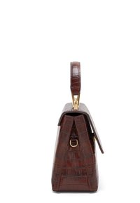Brown crocodile-embossed handbag with a structured design, gold hardware, and a flat top handle. Closure flap with angular shape.