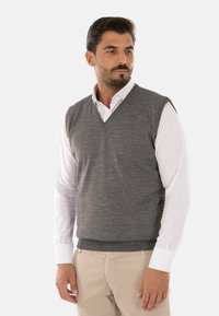Gilet grigio lavorato a maglia con scollatura a V; abbinato a una camicia bianca a maniche lunghe e pantaloni beige chiaro. Texture liscia, stile aderente.