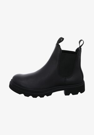 Stivale alla caviglia in pelle nera con pannelli elastici, punta rotonda e suola robusta. Presenta un tappo sul retro e una finitura liscia.