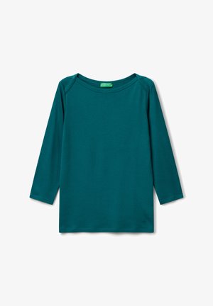 Teal langesleeve crewneck shirt met een klein logo dicht bij de onderrand aan de rechterkant.