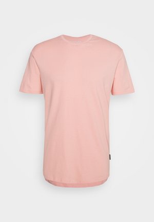 T-shirt uni rose clair à manches courtes avec col rond et ourlet droit, présenté sur fond blanc.