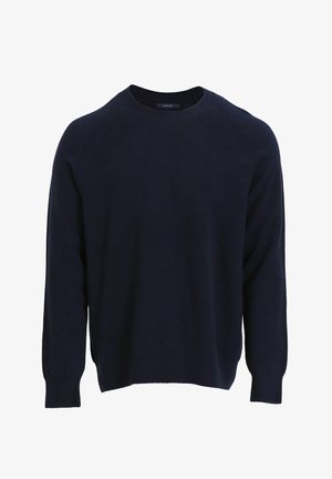 Navy blue knitted sweater with a crew neck, long sleeves, ribbed accents at cuffs and neckline, featuring a relaxed fit and soft texture.