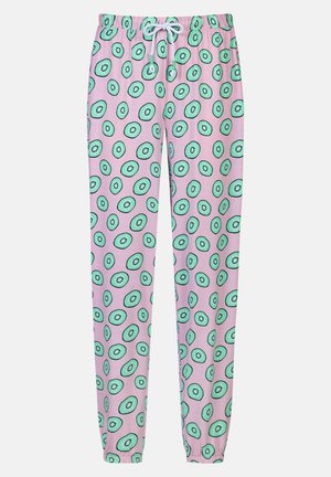 Pinkfarbene Jogginghosen mit elastischem Bund und weißem Kordelzug, mit einem wiederholten Muster grüner Kiwischeiben.