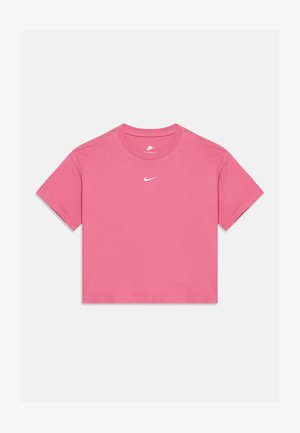 Ροζ κοντομάνικη μπλούζα Nike με στρογγυλή λαιμόκοψη και μικρό λευκό λογότυπο Nike swoosh στο κέντρο του στήθους.