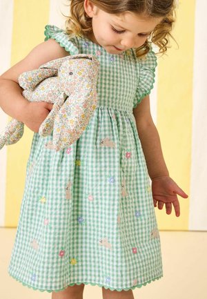 Noor tüdruk rohelises ruudulises kleidis, millel on tikitud küülikud ja lilled, hoiab lillemustriga pehmet jänku mänguasja.