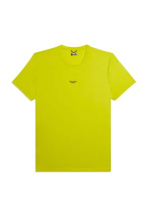 T-shirt gialla brillante a maniche corte con scollo rotondo e piccolo logo testuale nero "WKT 076 FREDDY" centrato sul petto.