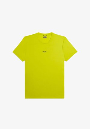 T-shirt gialla brillante a maniche corte con scollo rotondo e piccolo logo testuale nero "WKT 076 FREDDY" centrato sul petto.